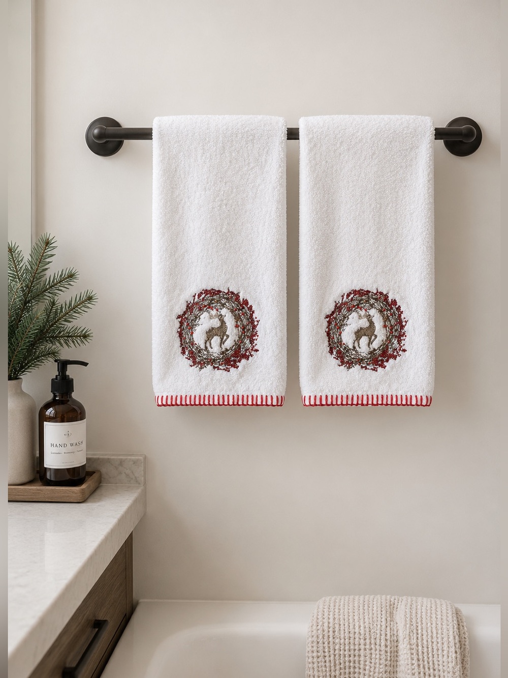 Christmas Holiday Hand Towels Embroidered Set of 2